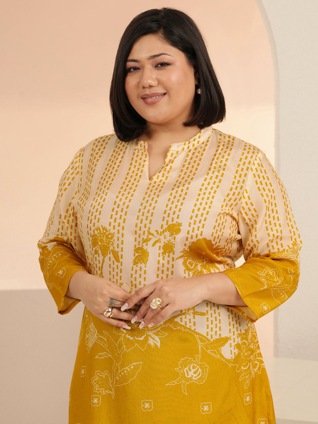  Plus Size Mustard Yellow Printed Muslin Straight Short Kurti 