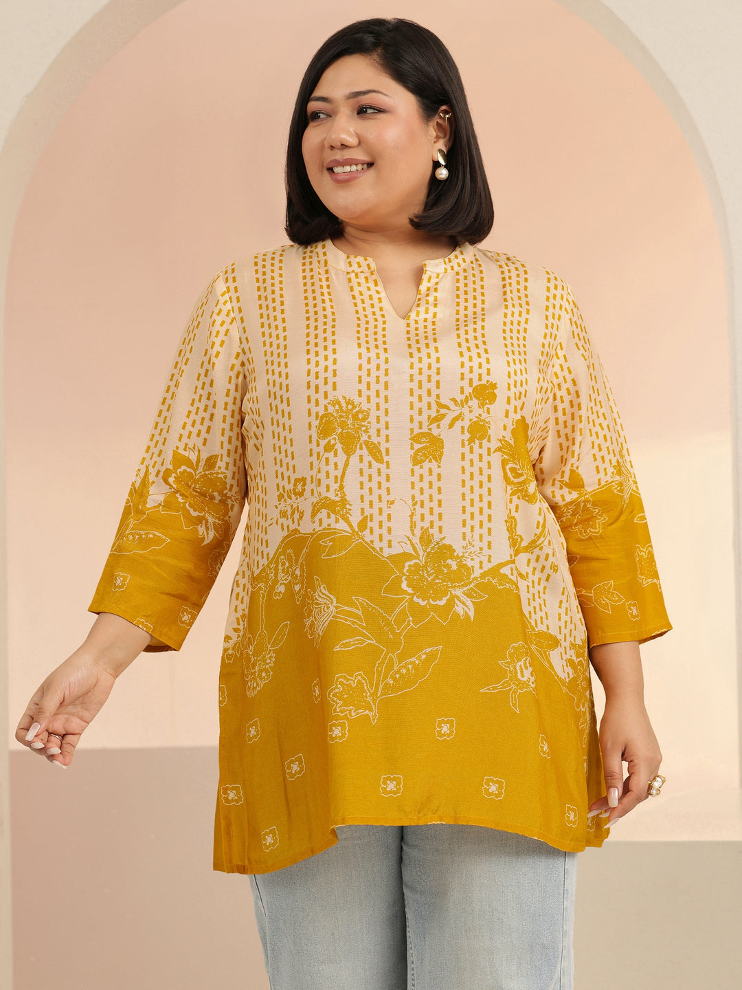  Plus Size Mustard Yellow Printed Muslin Straight Short Kurti 