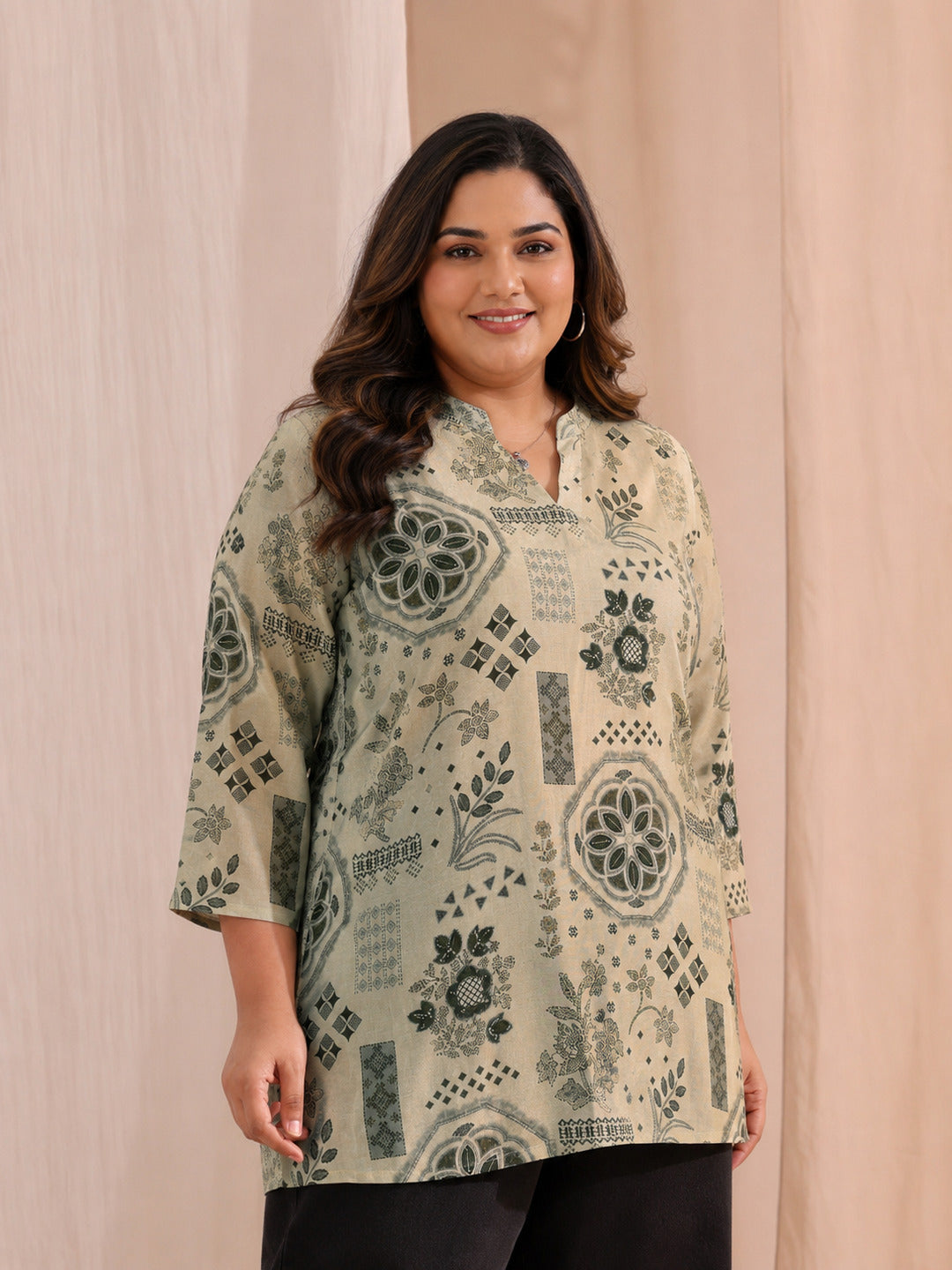  Plus Size Grey Ethnic Motif Printed Silk Blend Straight Short Kurti 
