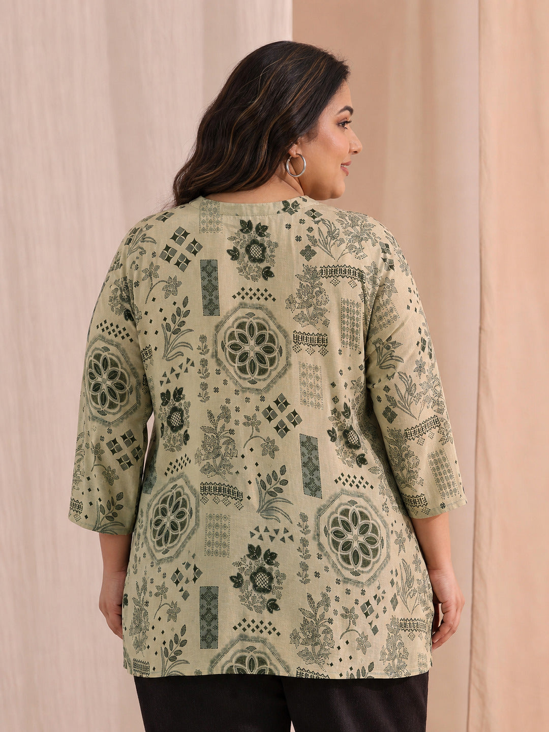  Plus Size Grey Ethnic Motif Printed Silk Blend Straight Short Kurti 