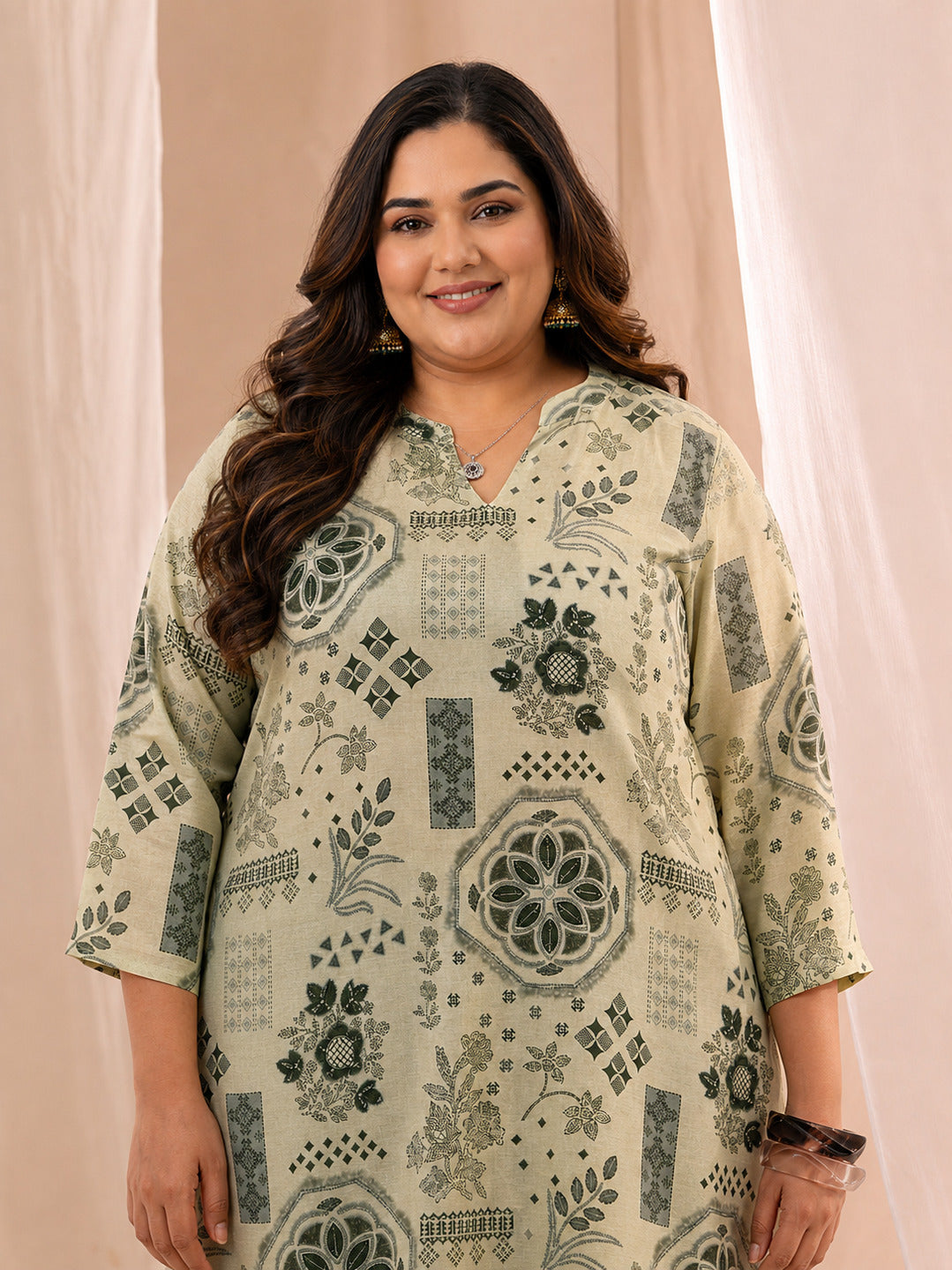  Plus Size Grey Ethnic Motif Printed Silk Blend Straight Short Kurti 