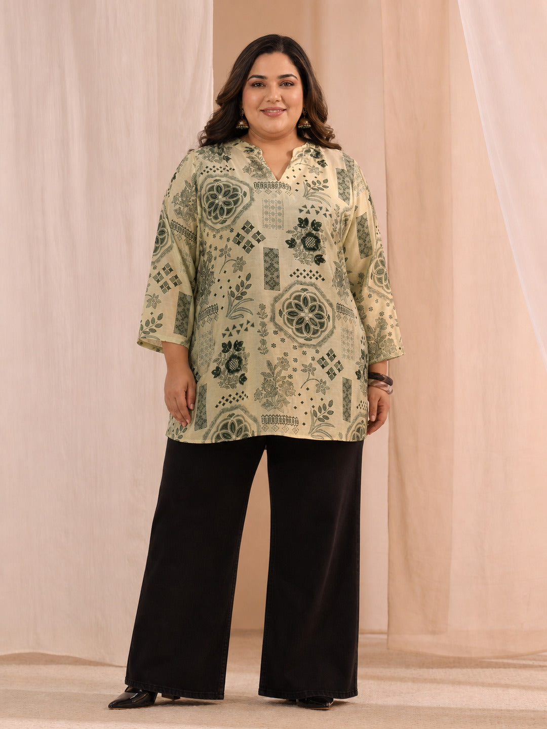  Plus Size Grey Ethnic Motif Printed Silk Blend Straight Short Kurti 