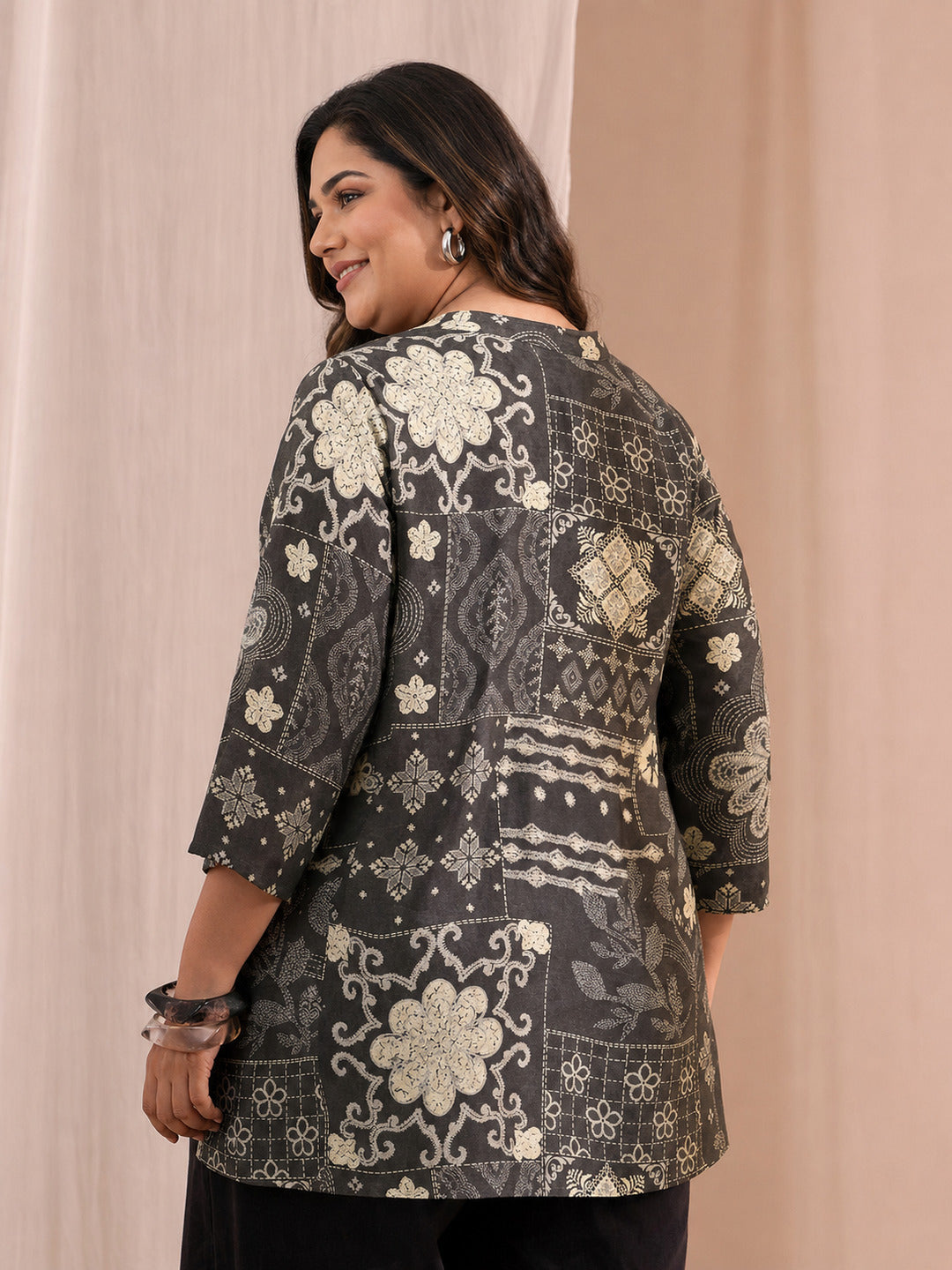  Plus Size Black Ethnic Motif Printed Silk Blend Straight Short Kurti 