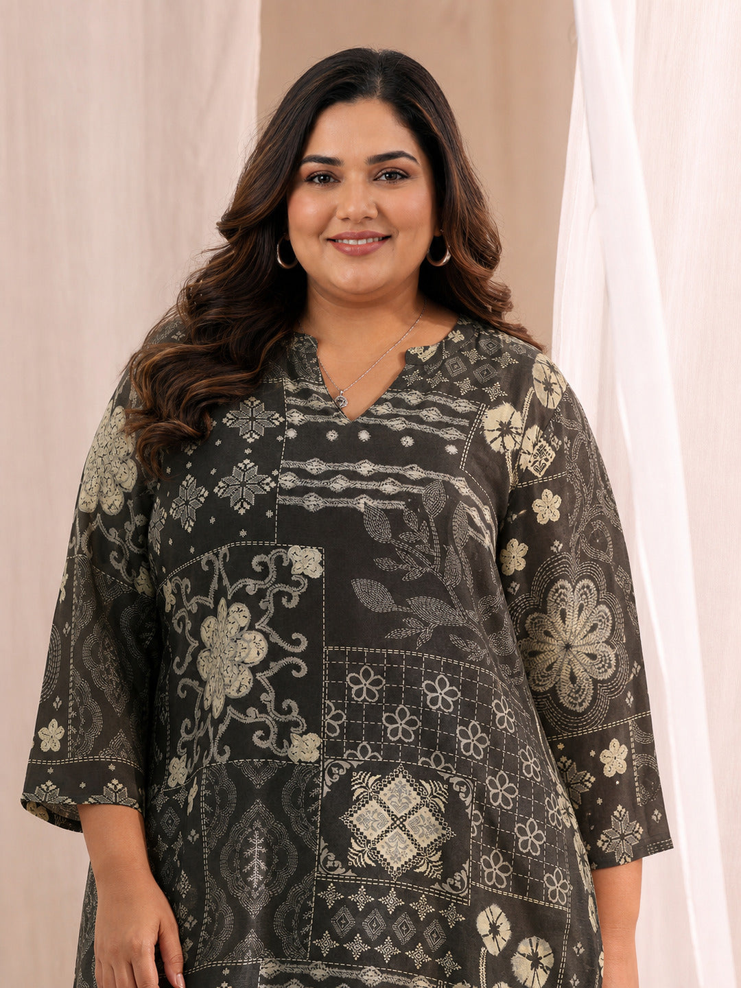  Plus Size Black Ethnic Motif Printed Silk Blend Straight Short Kurti 