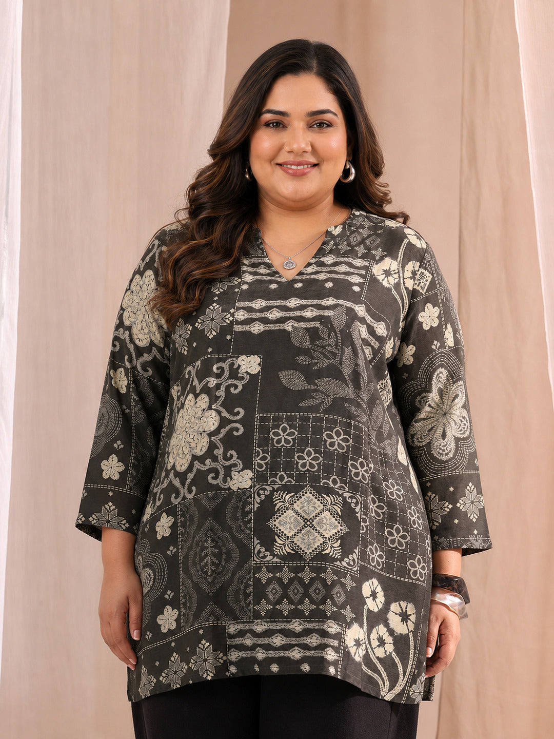  Plus Size Black Ethnic Motif Printed Silk Blend Straight Short Kurti 