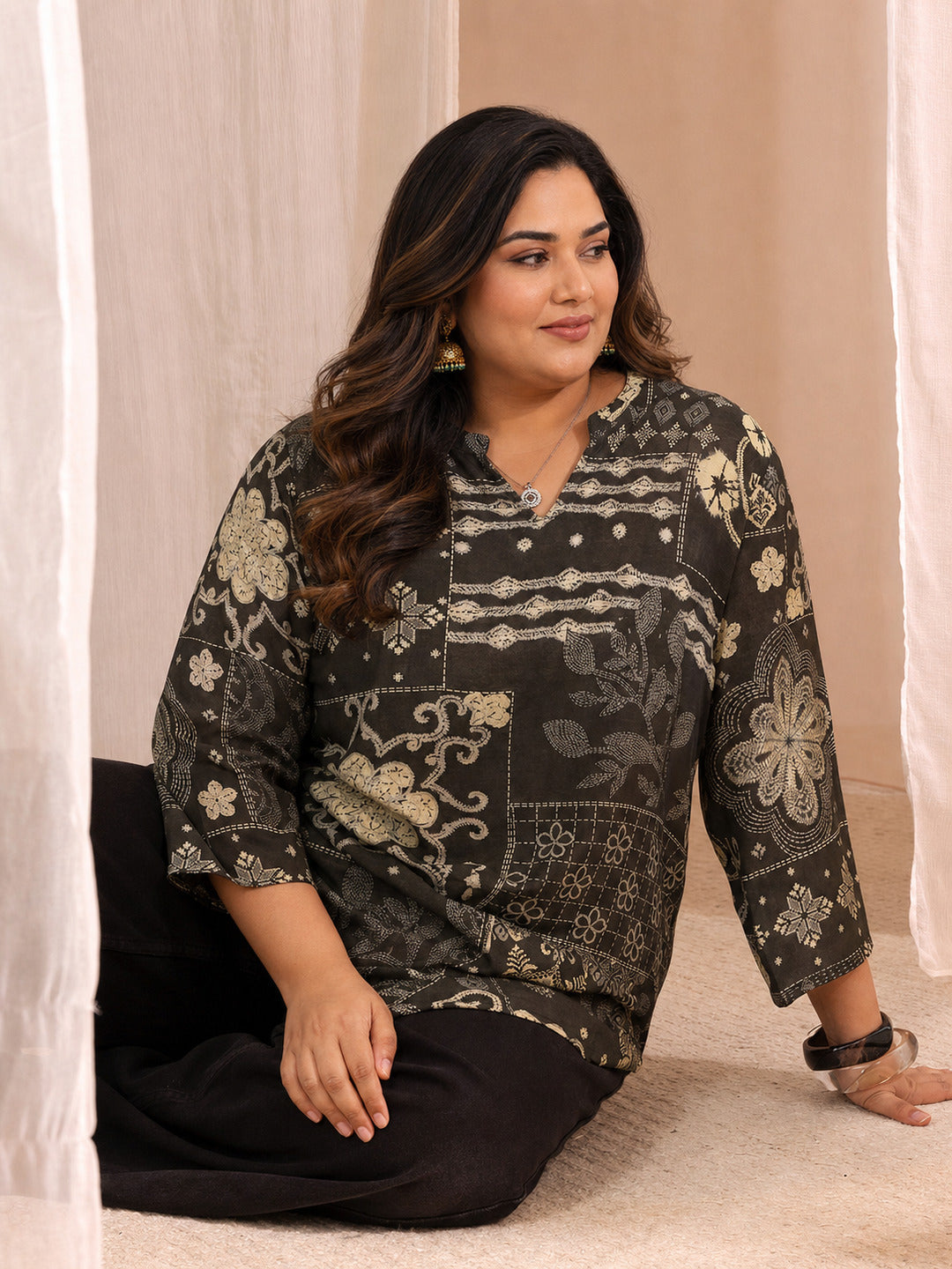  Plus Size Black Ethnic Motif Printed Silk Blend Straight Short Kurti 