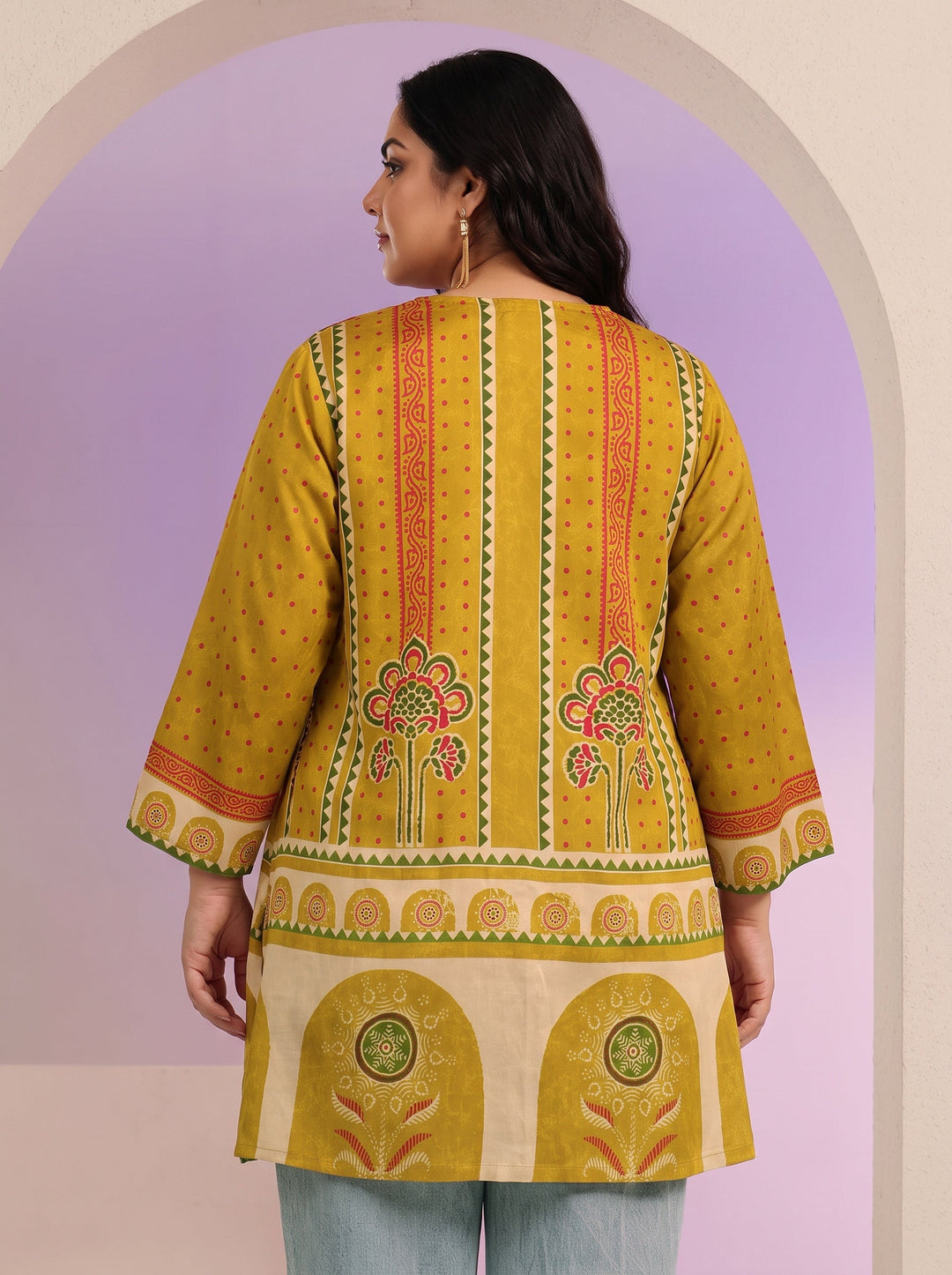  Plus Size Mustard Printed Straight Silk Blend  Short kurti 
