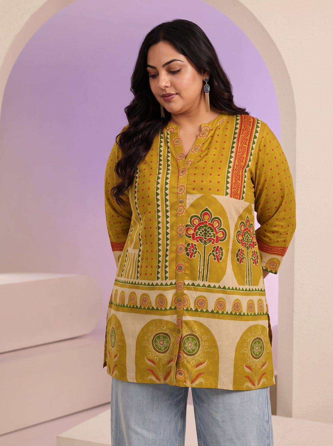  Plus Size Mustard Printed Straight Silk Blend  Short kurti 