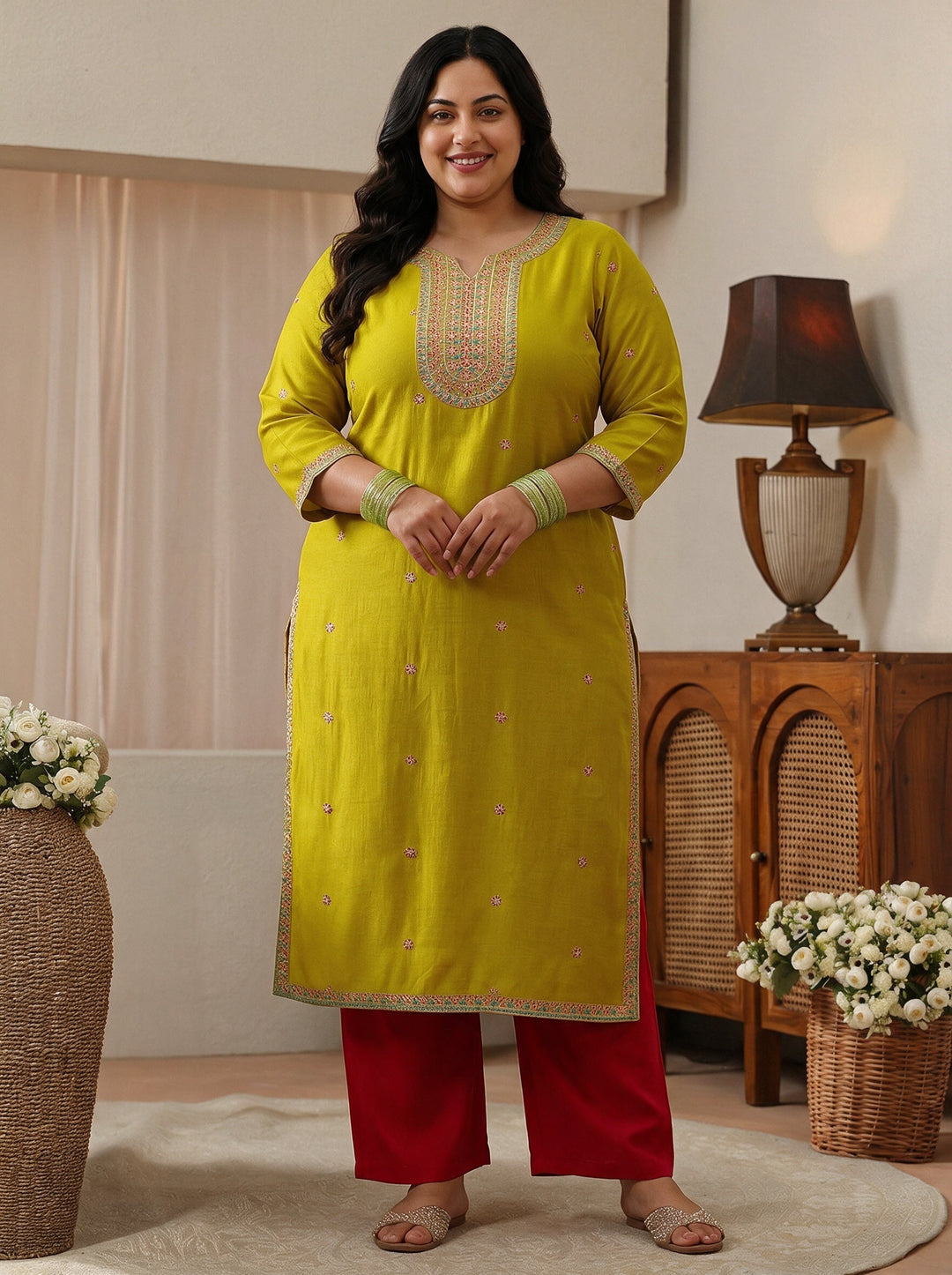  Plus Size Green Ethnic Embroidered Silk Blend Straight Kurta 