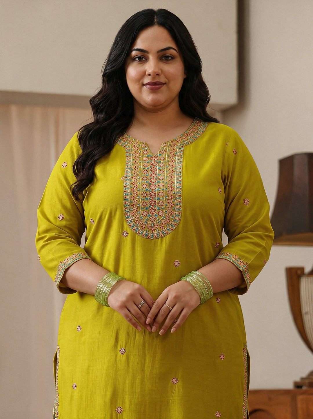  Plus Size Green Ethnic Embroidered Silk Blend Straight Kurta 