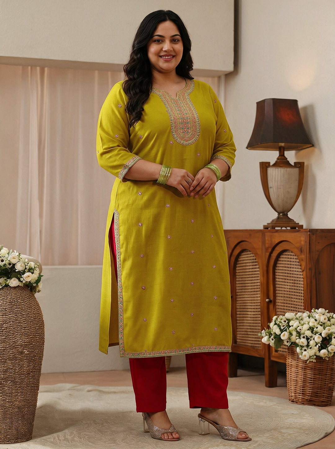  Plus Size Green Ethnic Embroidered Silk Blend Straight Kurta 