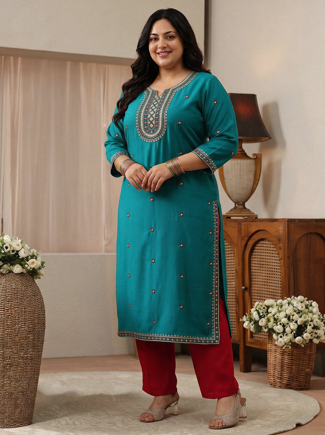 Plus Size Turquoise Embroidered Silk Blend Straight Kurta 