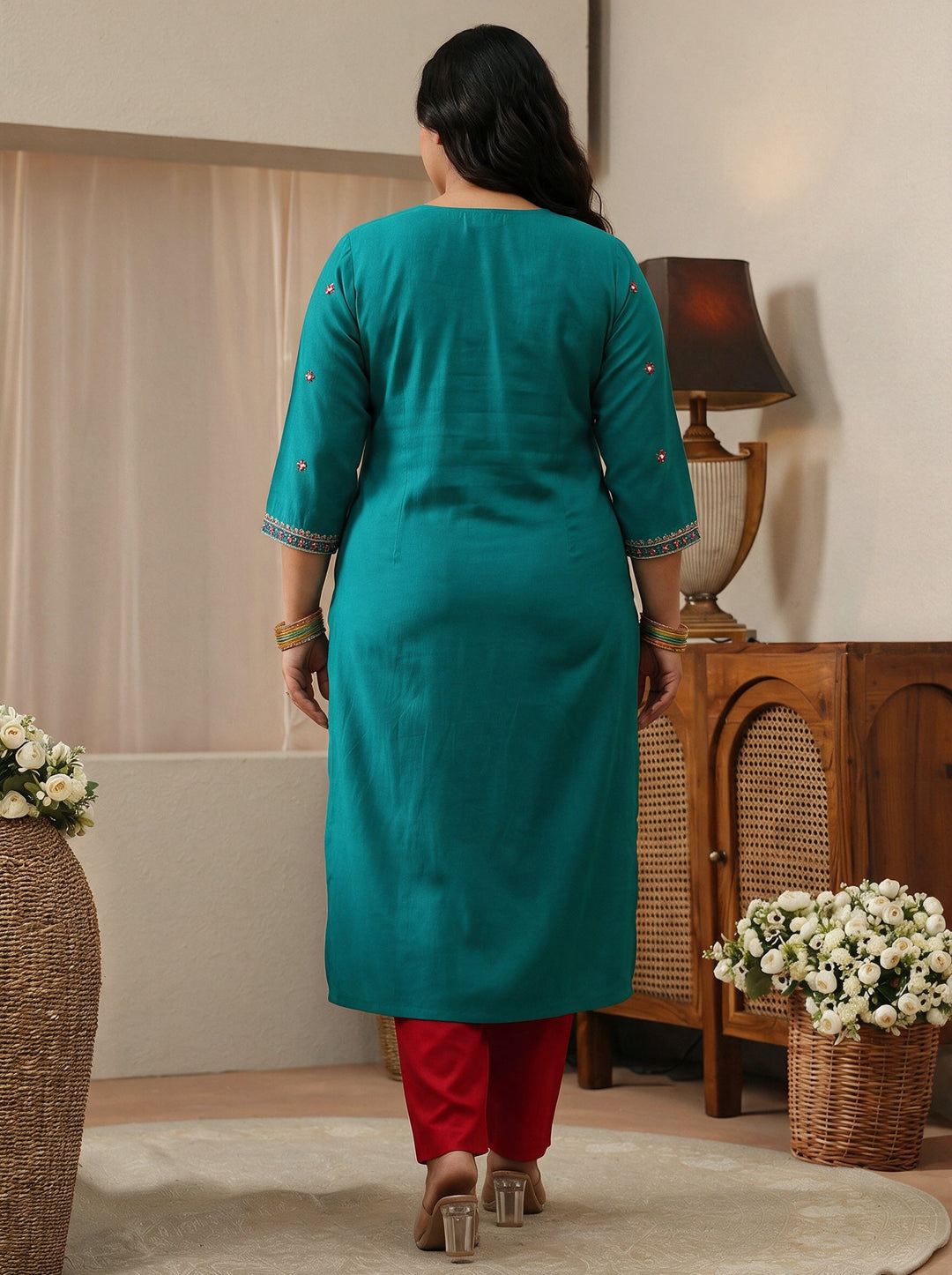  Plus Size Turquoise Embroidered Silk Blend Straight Kurta 