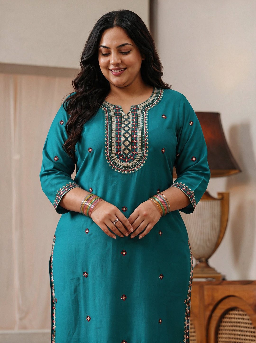  Plus Size Turquoise Embroidered Silk Blend Straight Kurta 