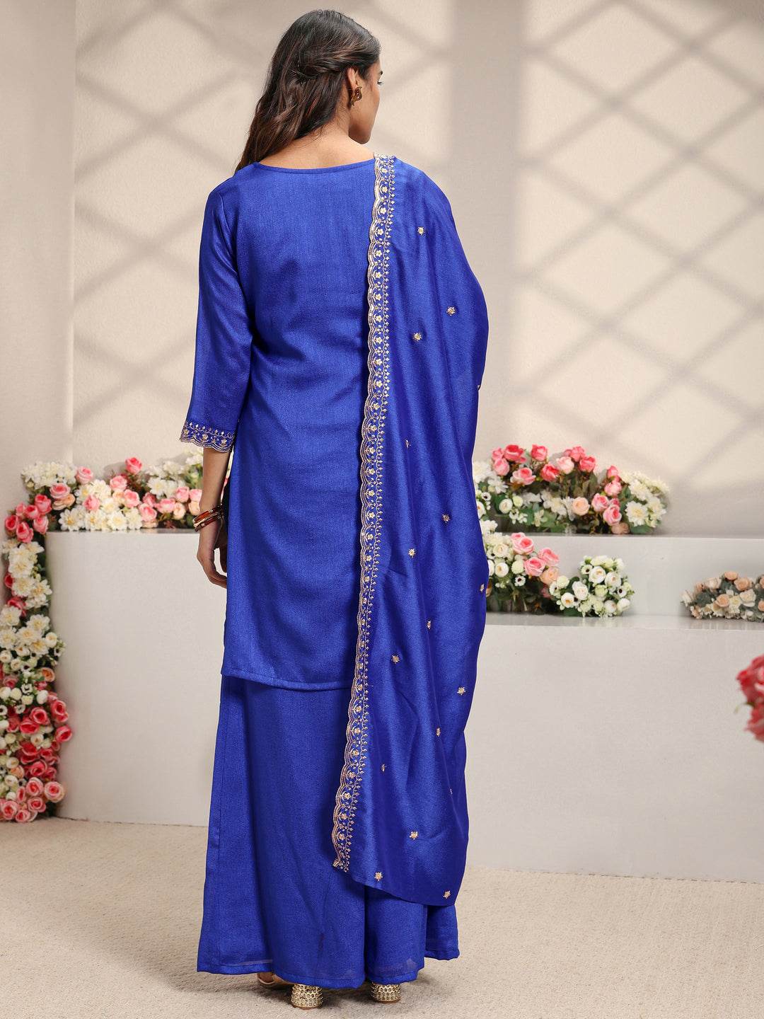  Blue Embroidered Silk Blend Straight Suit Set With Dupatta 