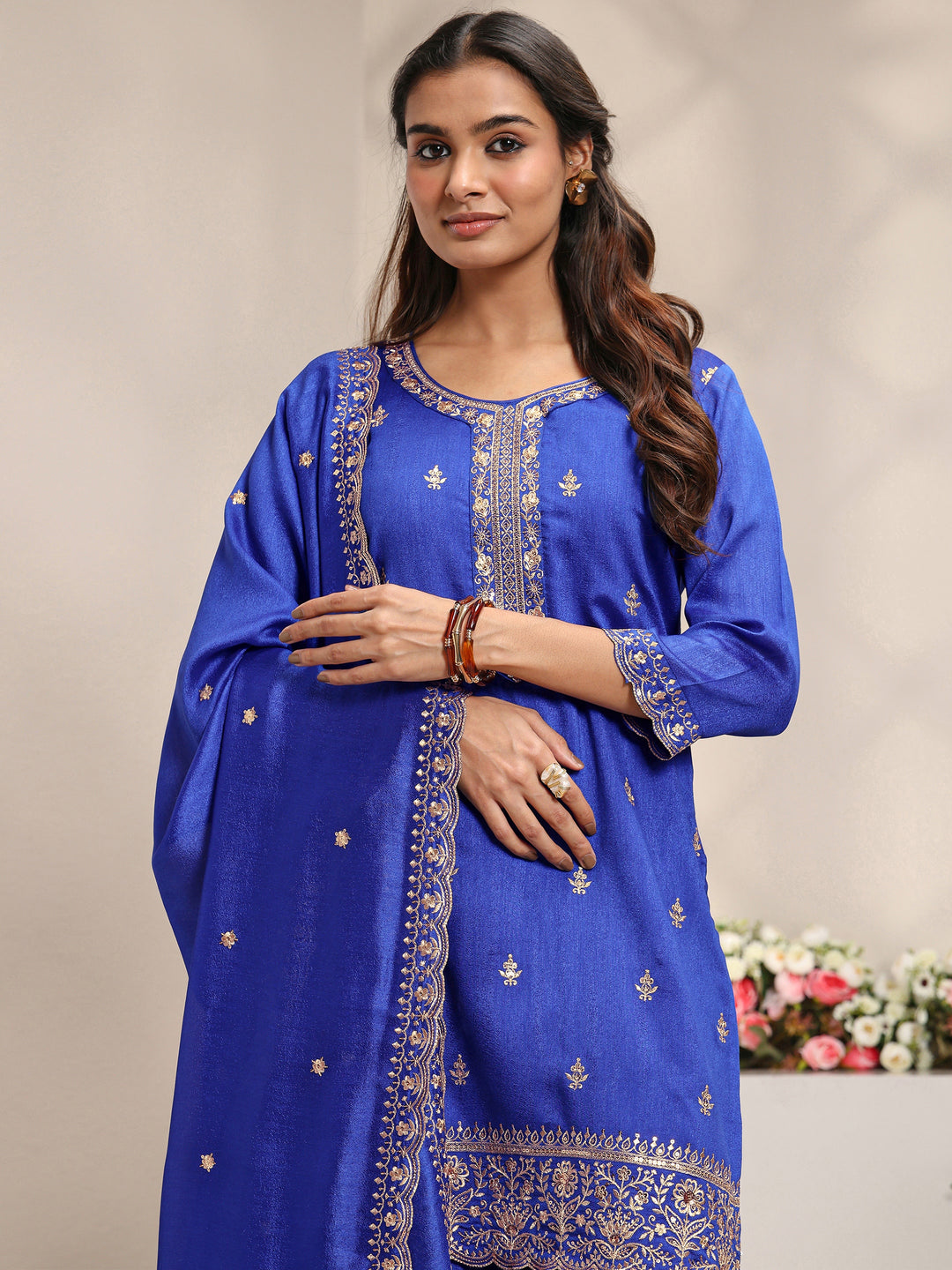  Blue Embroidered Silk Blend Straight Suit Set With Dupatta 