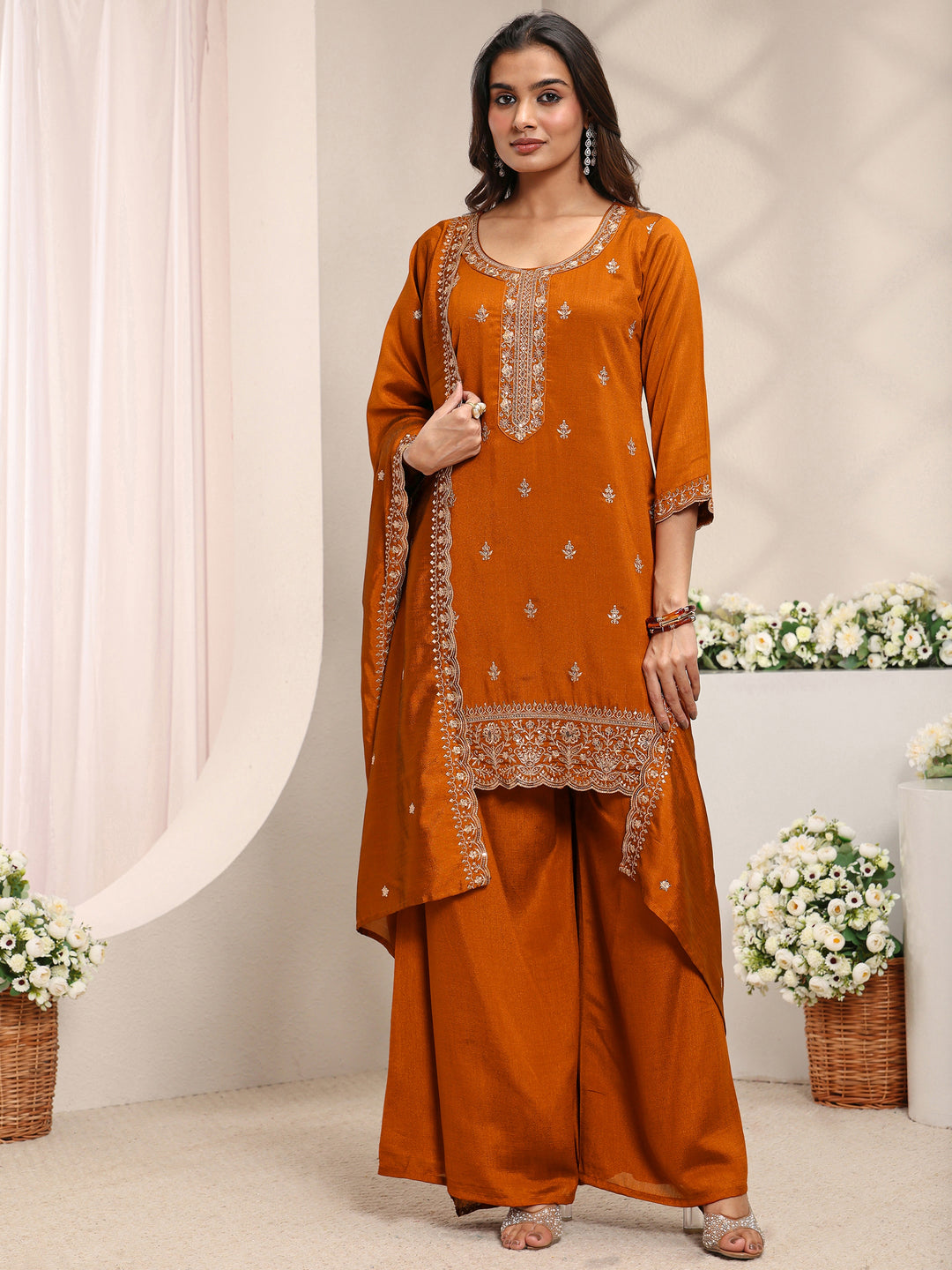  Rust Embroidered Silk Blend Straight Suit Set With Dupatta 