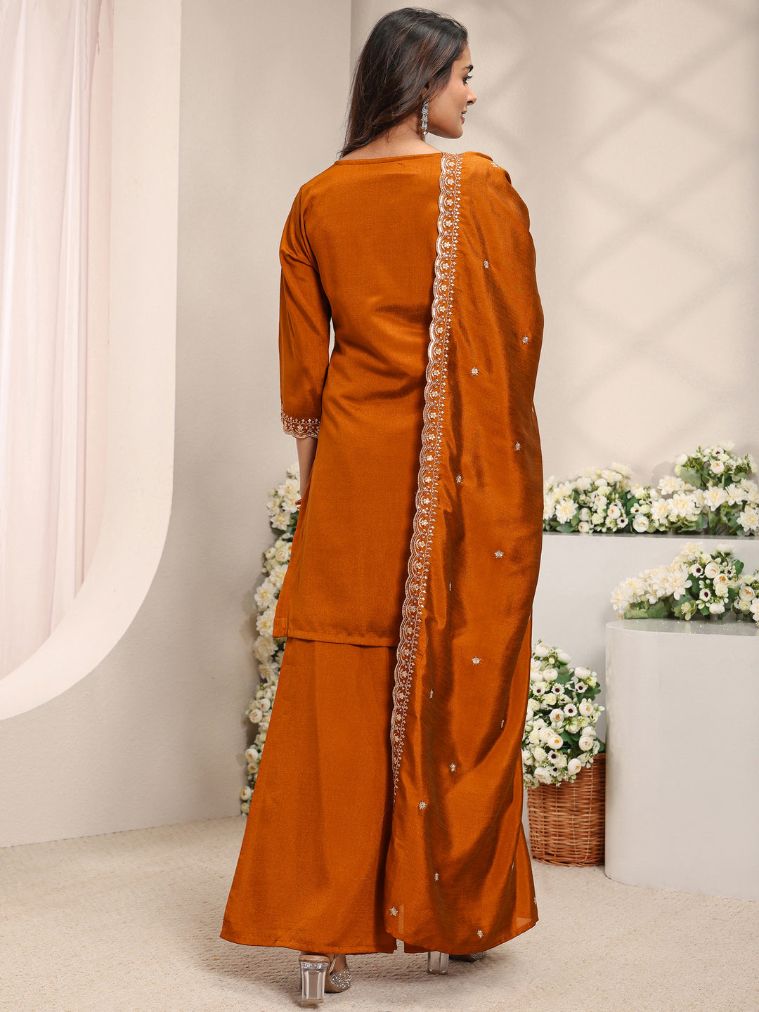  Rust Embroidered Silk Blend Straight Suit Set With Dupatta 