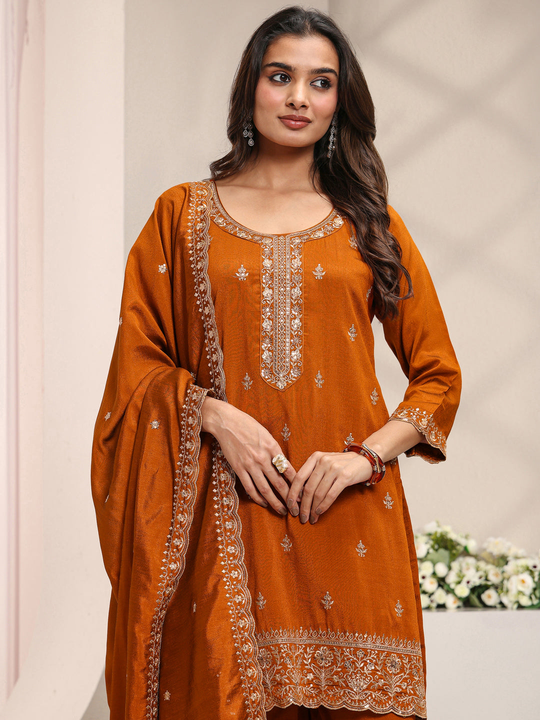  Rust Embroidered Silk Blend Straight Suit Set With Dupatta 