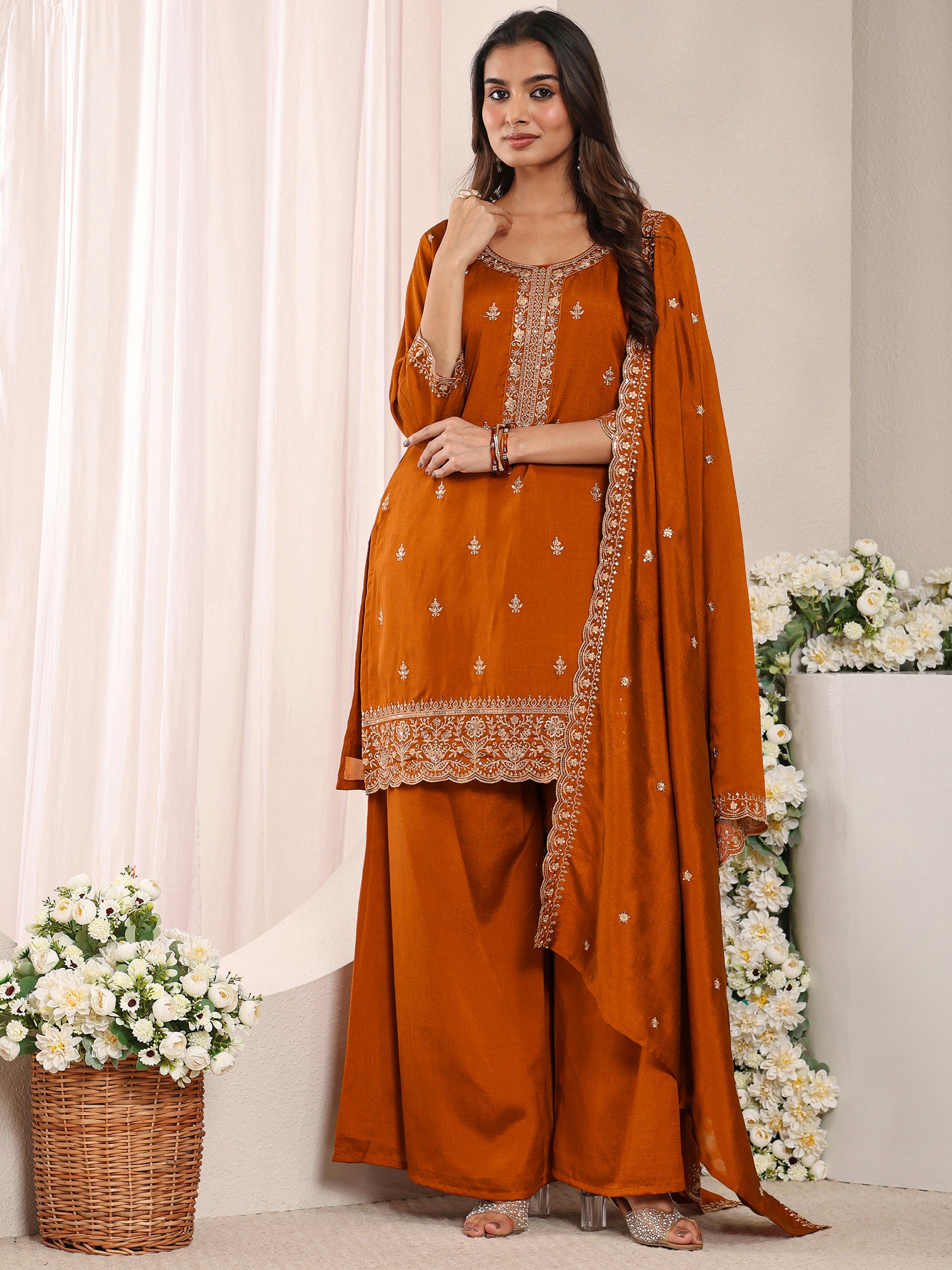Rust Embroidered Silk Blend Straight Suit Set With Dupatta-image-24