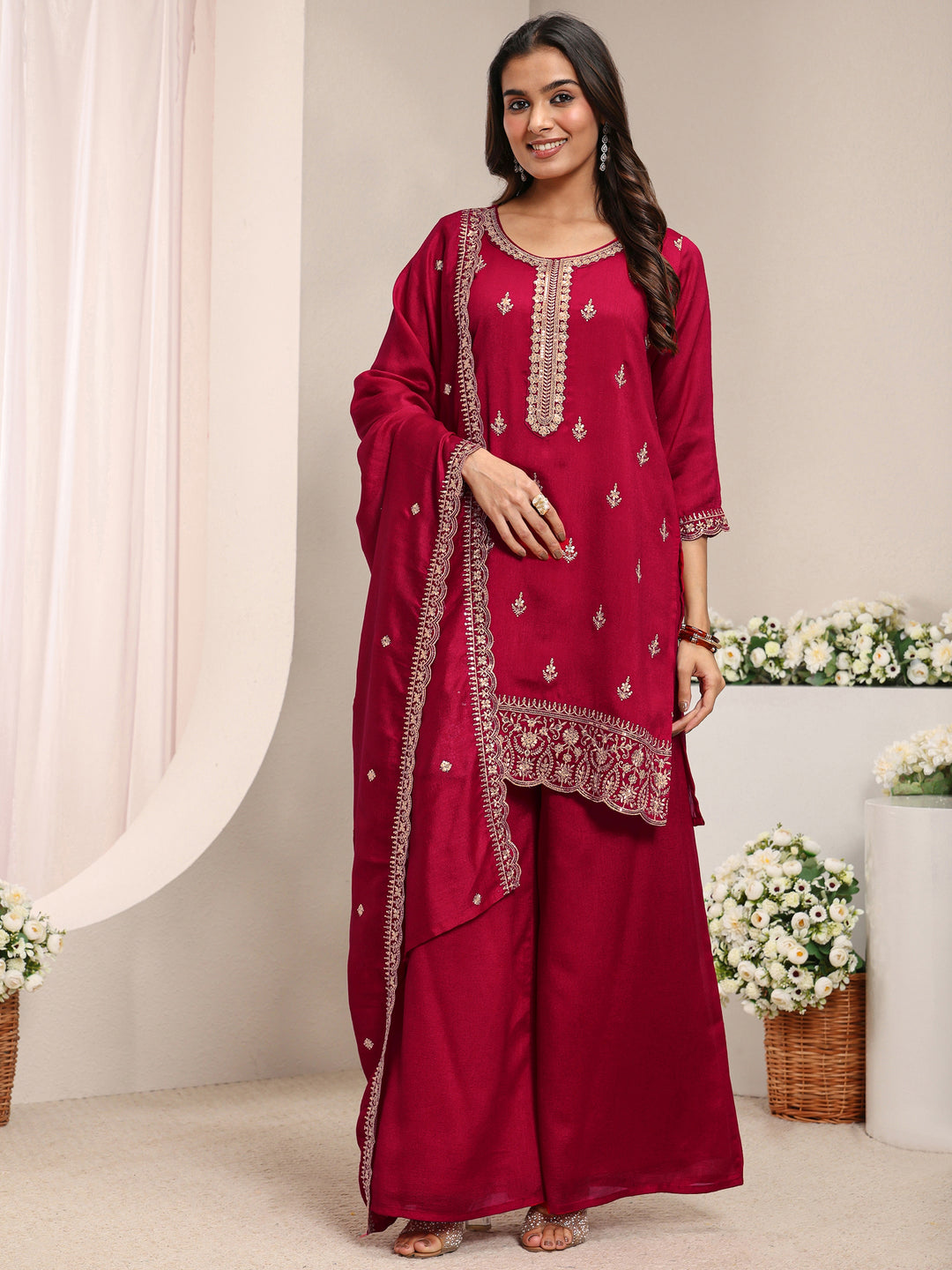  Red Embroidered Silk Blend Straight Suit Set With Dupatta 