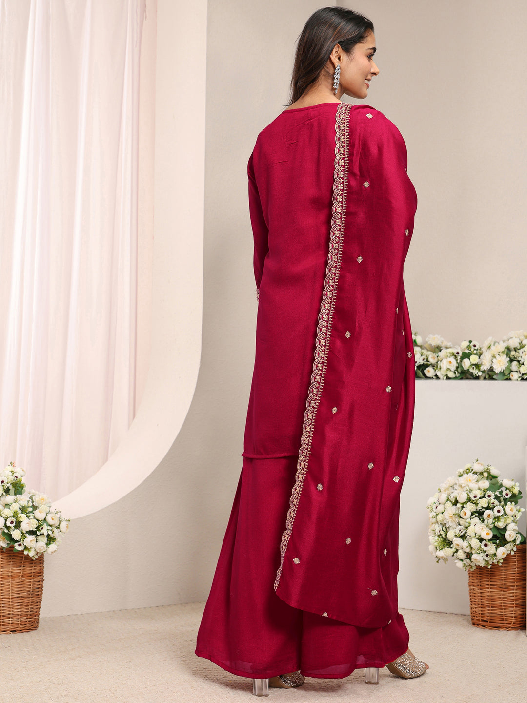  Red Embroidered Silk Blend Straight Suit Set With Dupatta 