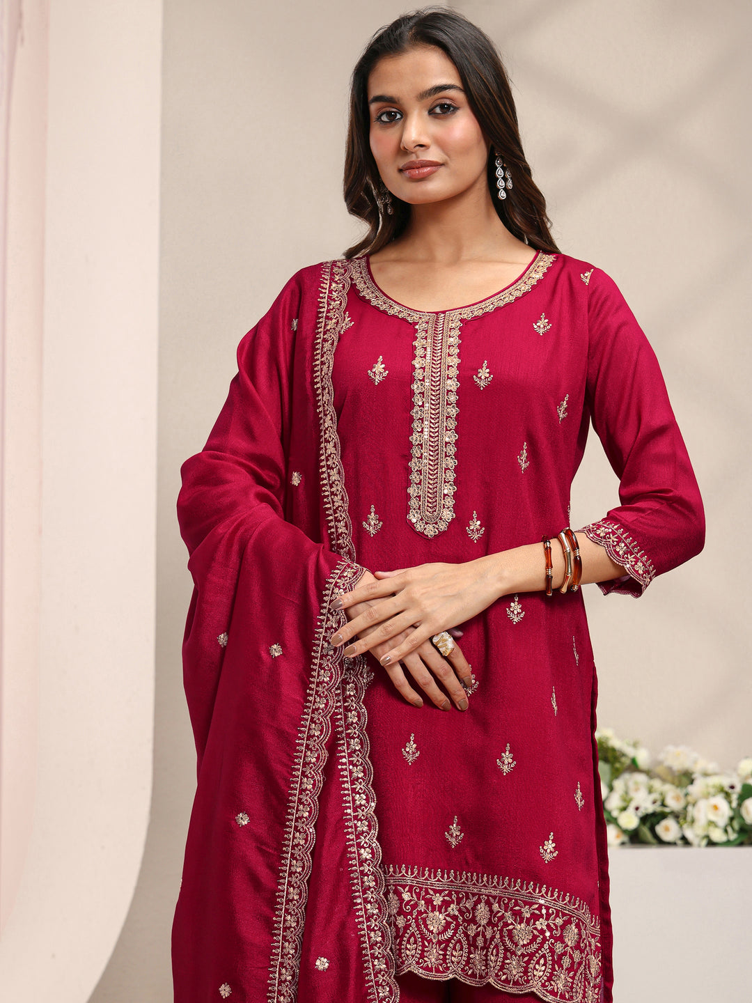  Red Embroidered Silk Blend Straight Suit Set With Dupatta 