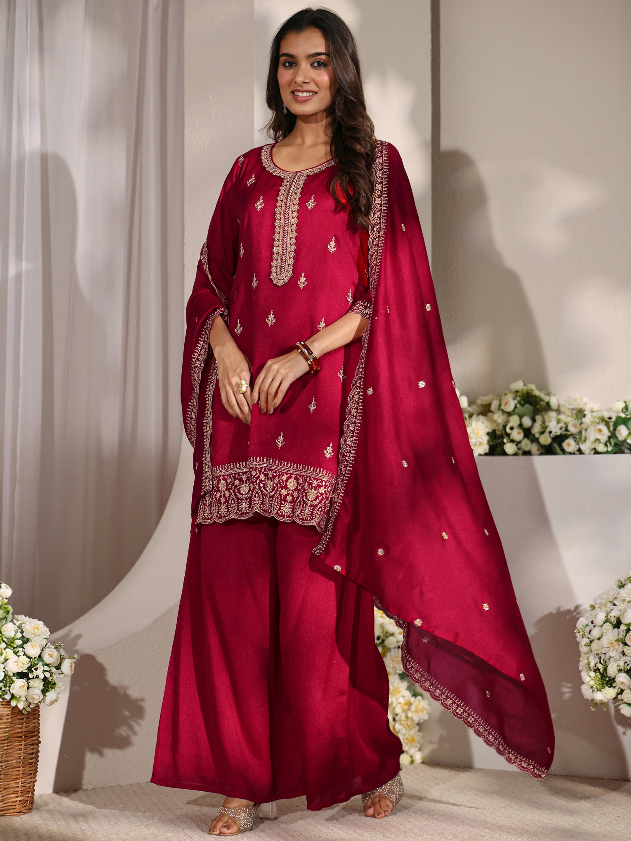 libas Red Embroidered Silk Blend Straight Suit Set With Dupatta-picture-29
