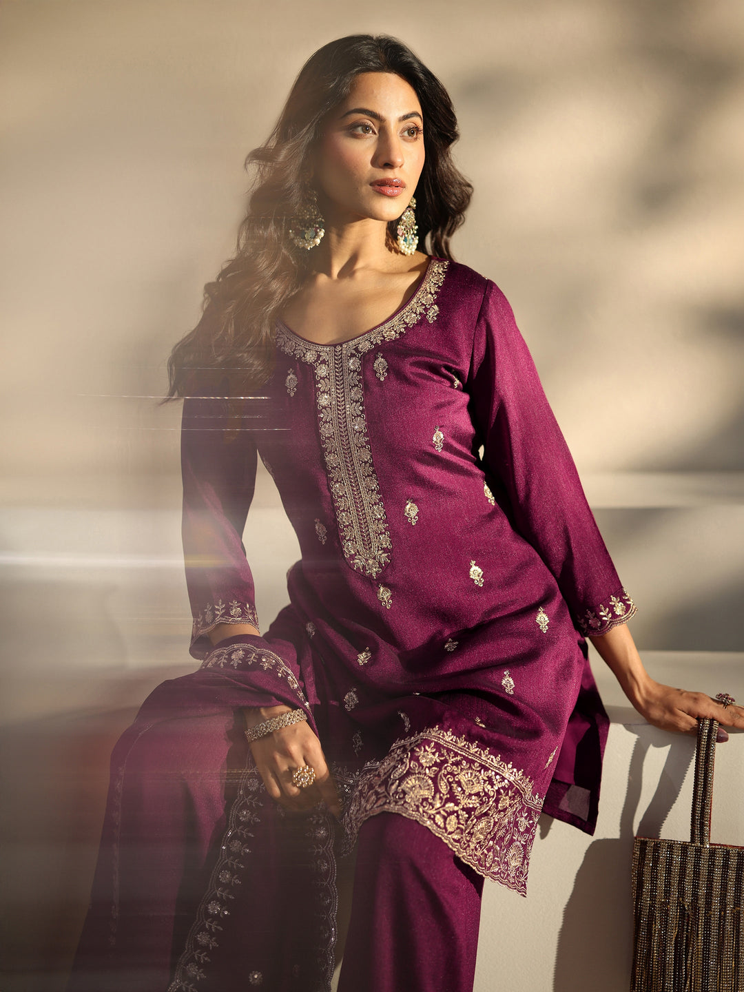  Burgundy Embroidered Silk Blend Palazzo Suit Set With Dupatta 