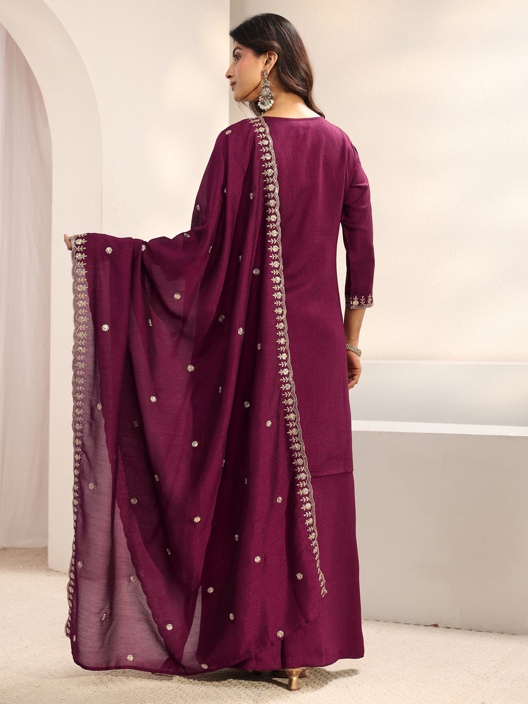  Burgundy Embroidered Silk Blend Palazzo Suit Set With Dupatta 