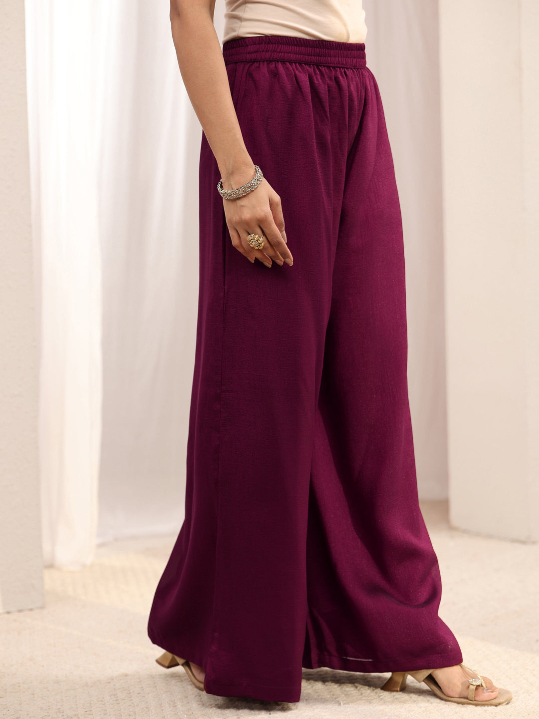  Burgundy Embroidered Silk Blend Palazzo Suit Set With Dupatta 