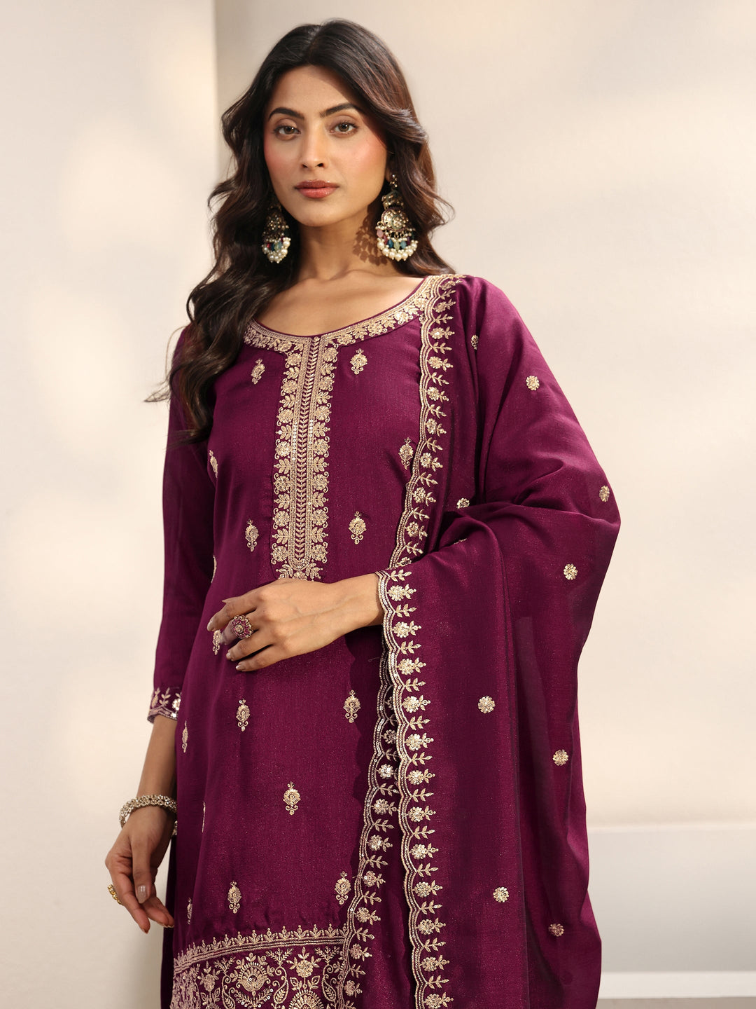  Burgundy Embroidered Silk Blend Palazzo Suit Set With Dupatta 