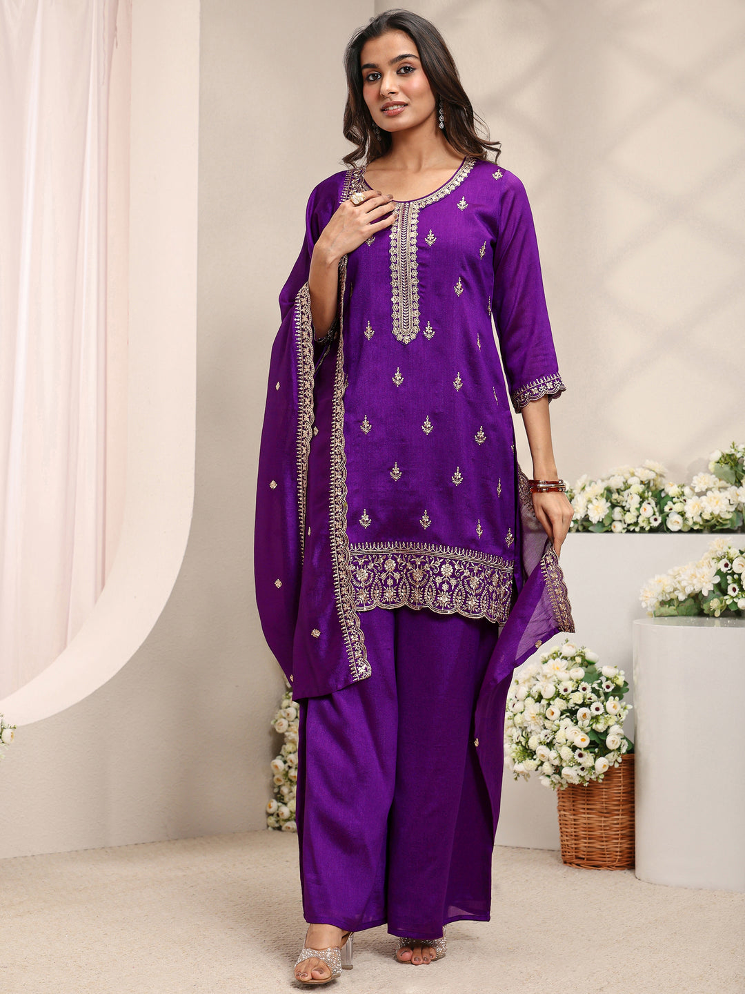  Purple Embroidered Silk Blend Straight Suit Set With Dupatta 