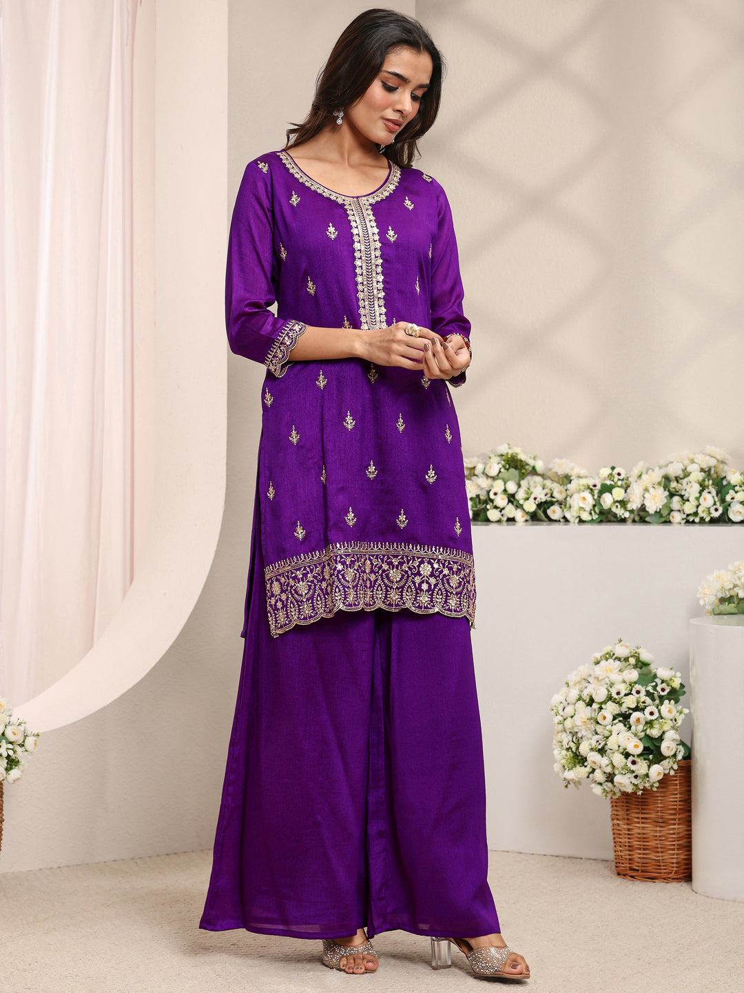  Purple Embroidered Silk Blend Straight Suit Set With Dupatta 