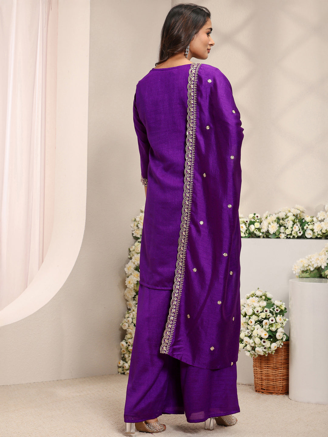  Purple Embroidered Silk Blend Straight Suit Set With Dupatta 