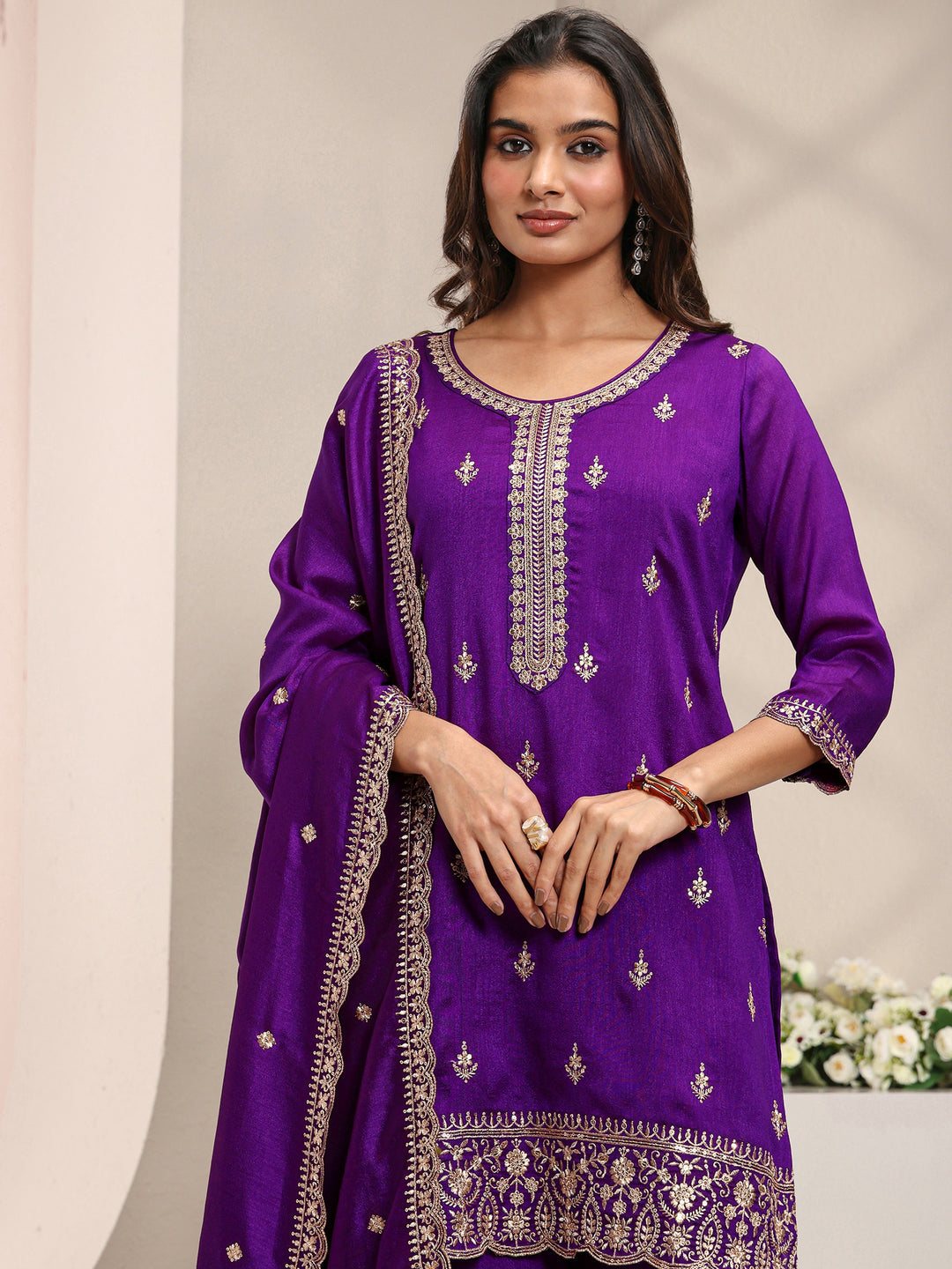  Purple Embroidered Silk Blend Straight Suit Set With Dupatta 