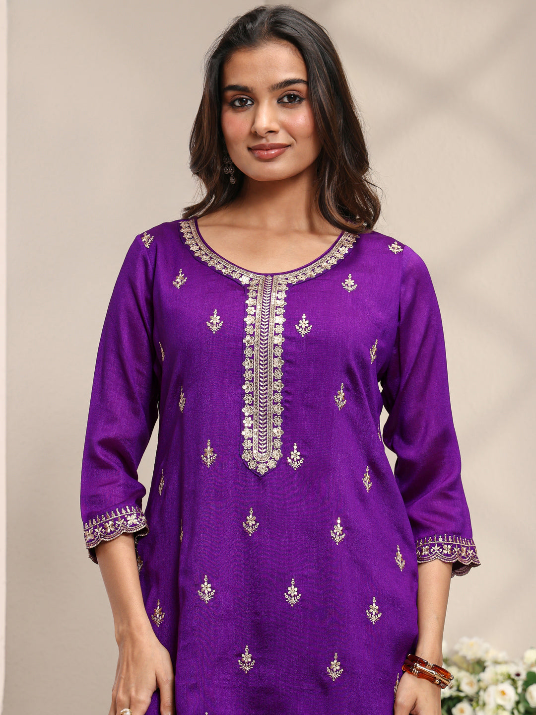  Purple Embroidered Silk Blend Straight Suit Set With Dupatta 