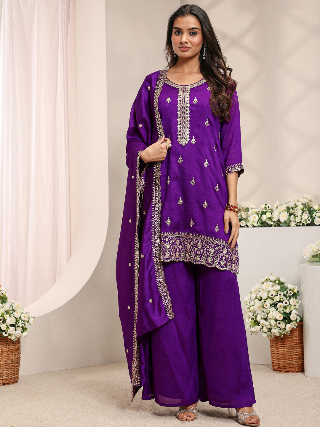  Purple Embroidered Silk Blend Straight Suit Set With Dupatta 