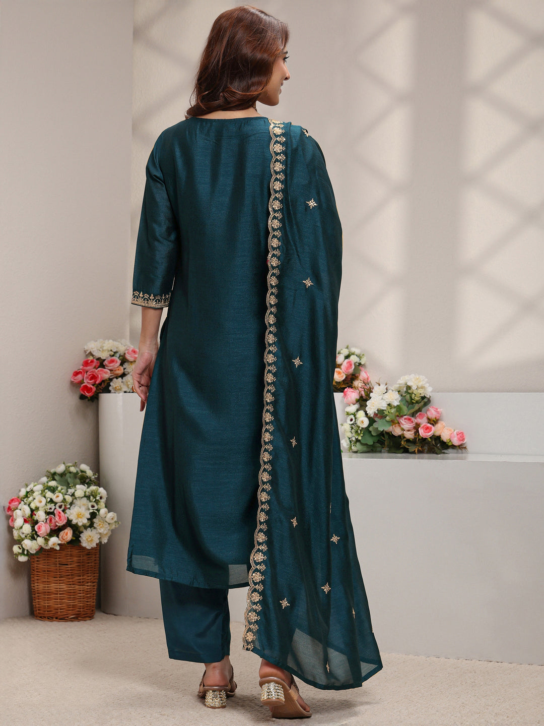  Teal Ethnic Motifs Embroidered Silk Blend Straight Suit Set With Dupatta 