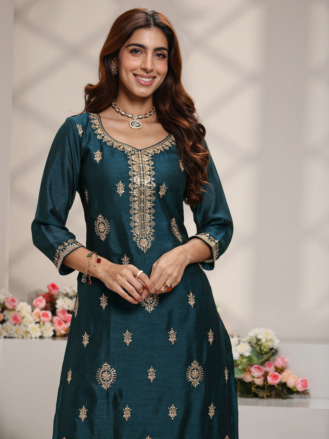  Teal Ethnic Motifs Embroidered Silk Blend Straight Suit Set With Dupatta 