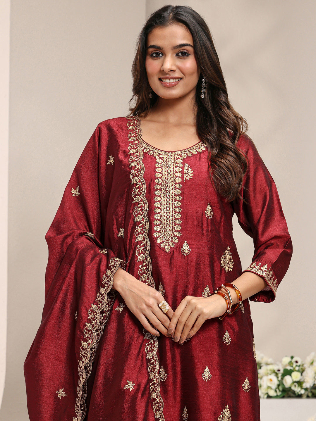  Maroon Ethnic Motifs Embroidered Silk Blend Straight Suit Set With Dupatta 