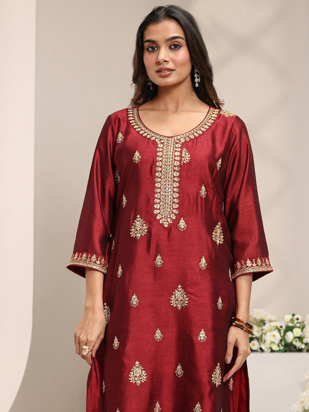  Maroon Ethnic Motifs Embroidered Silk Blend Straight Suit Set With Dupatta 