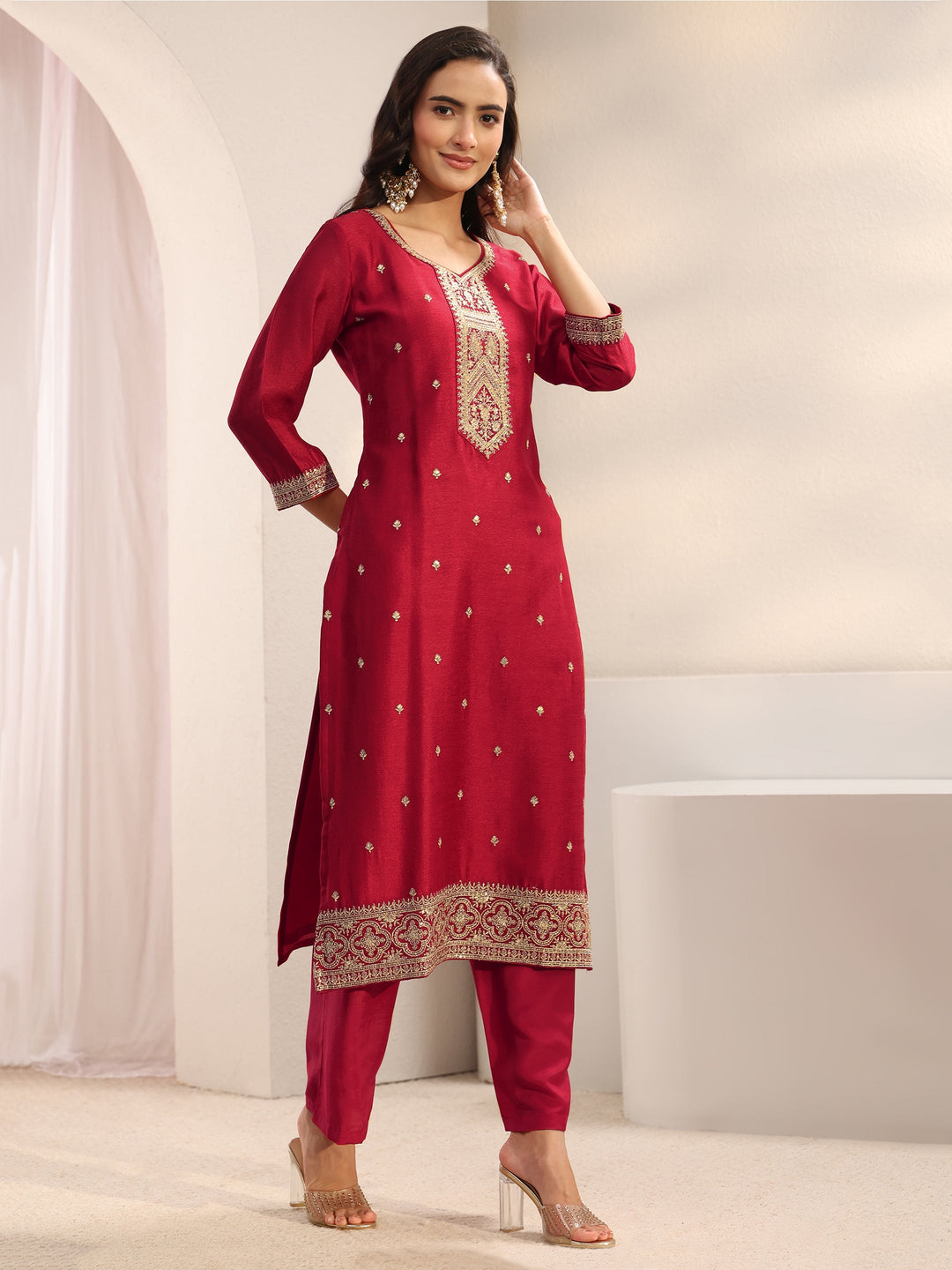  Red Ethnic Embroidered Silk Blend Straight Suit Set With Dupatta 