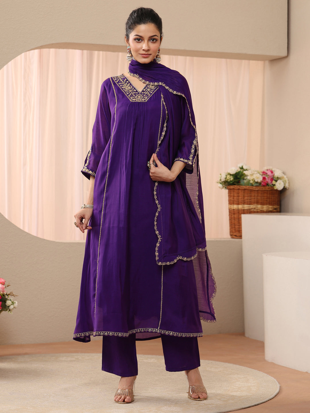  Purple Embellished Silk Blend A-Line Suit Set 