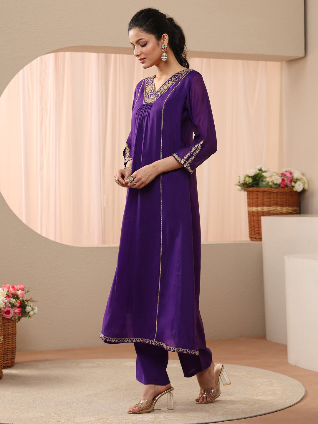  Purple Embellished Silk Blend A-Line Suit Set 
