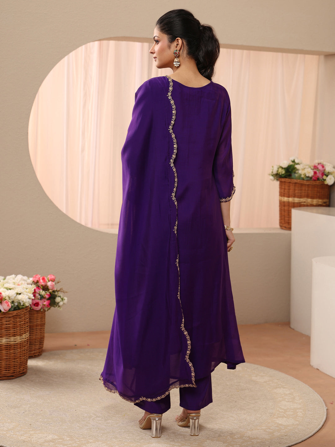  Purple Embellished Silk Blend A-Line Suit Set 