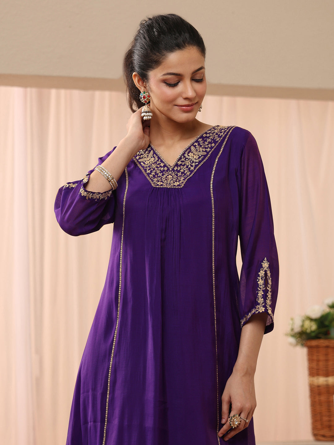  Purple Embellished Silk Blend A-Line Suit Set 