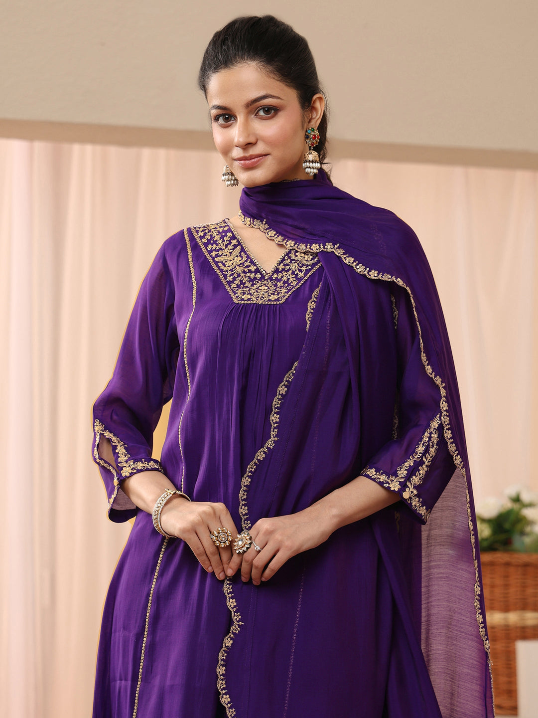  Purple Embellished Silk Blend A-Line Suit Set 