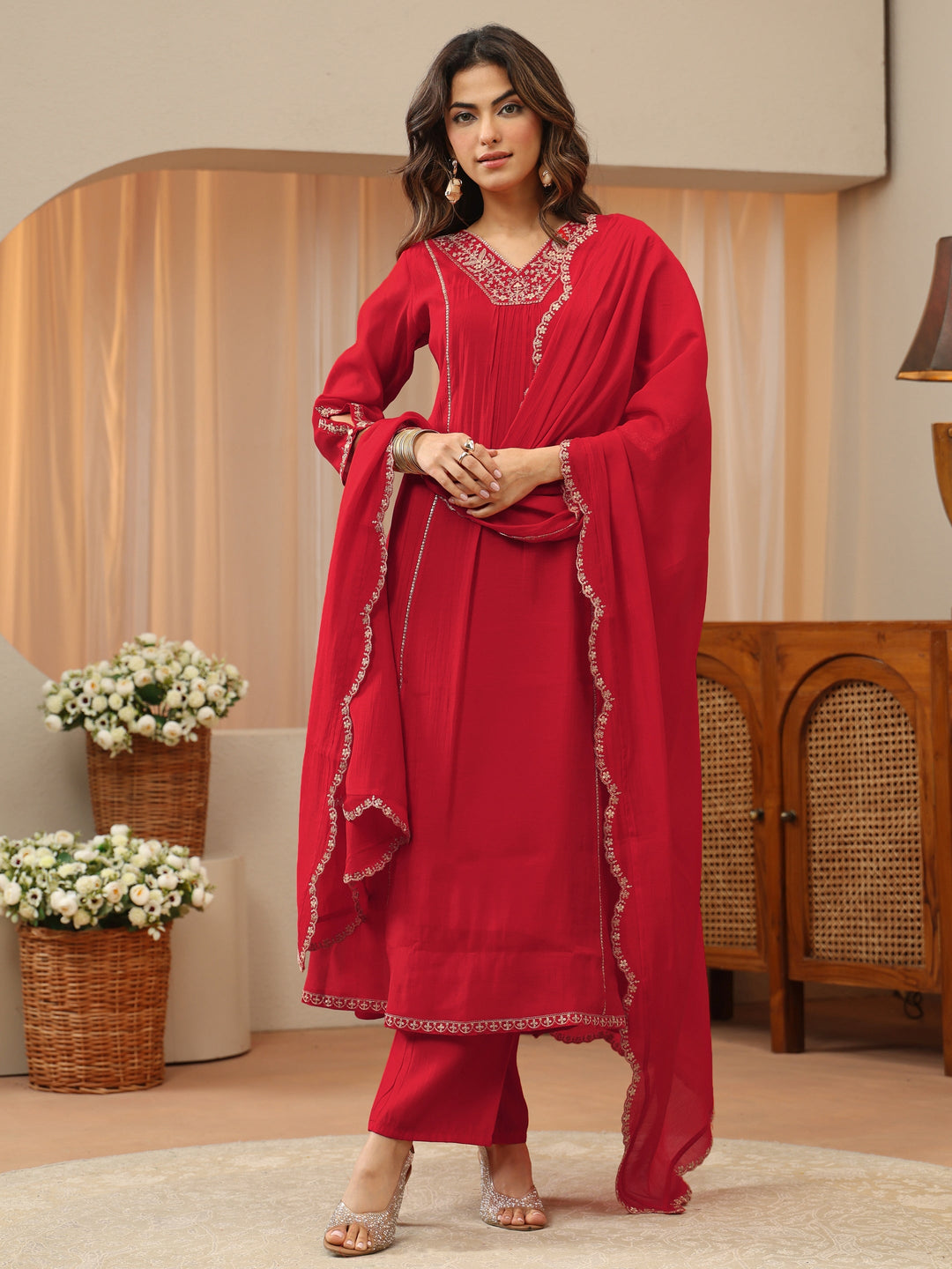  Red Embellished Yoke Silk Blend A-Line Suit Set 