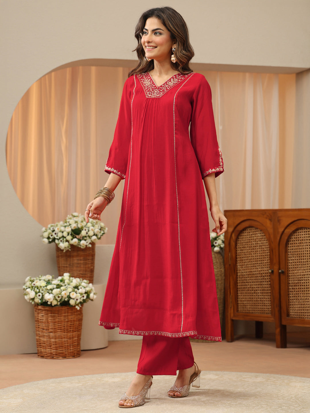  Red Embellished Yoke Silk Blend A-Line Suit Set 